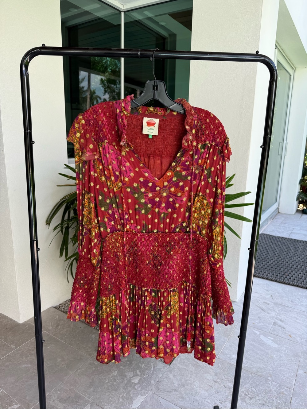 FARM Rio Burgundy Floral Smocked V-Neck Tiered Tunic Dress